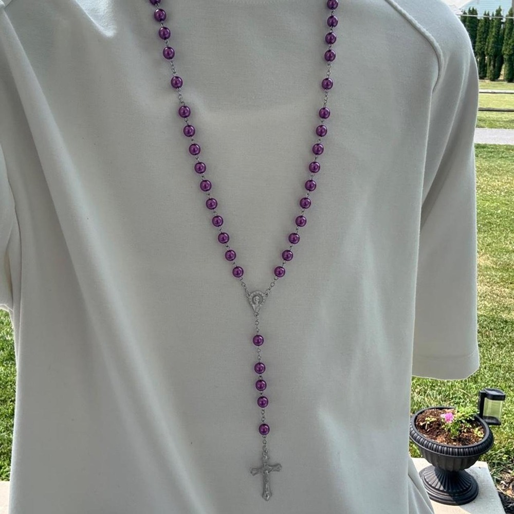 Purple Beaded Rosary Cross Necklace Silver Tone Religious Jewelry 28 Inch